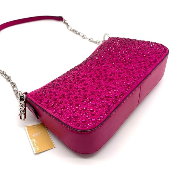 Michael Kors Empire Medium Pink Embellished Suede Chain Link Pouchette Bag - Picture 8 of 12